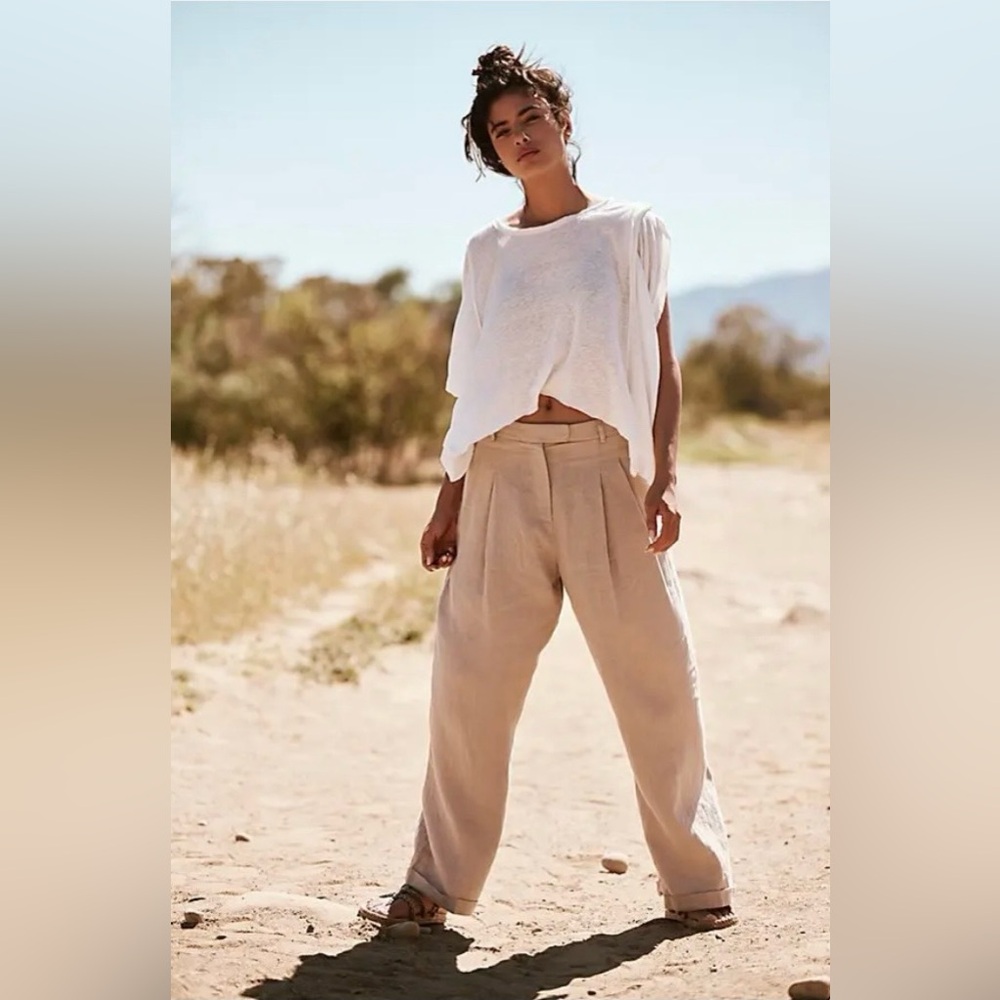 Free People Pleated Wide Leg Linen Cuffed Trousers Sand Flowy Boho Relaxed Easy